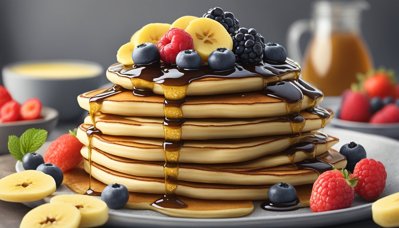 A stack of golden pancakes topped with chia seed jam, fresh berries, sliced bananas, and a drizzle of honey