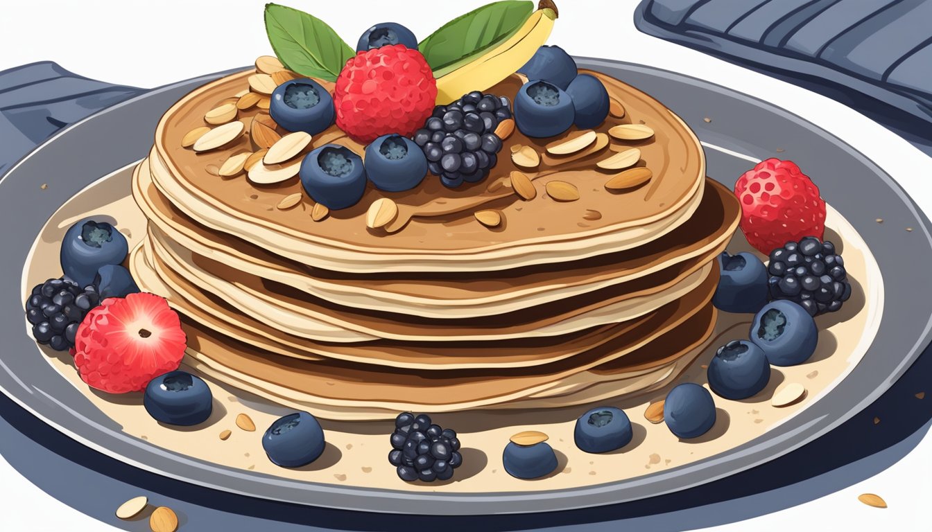 A stack of pancakes topped with almond butter, fresh berries, sliced bananas, and a sprinkle of chia seeds on a plate