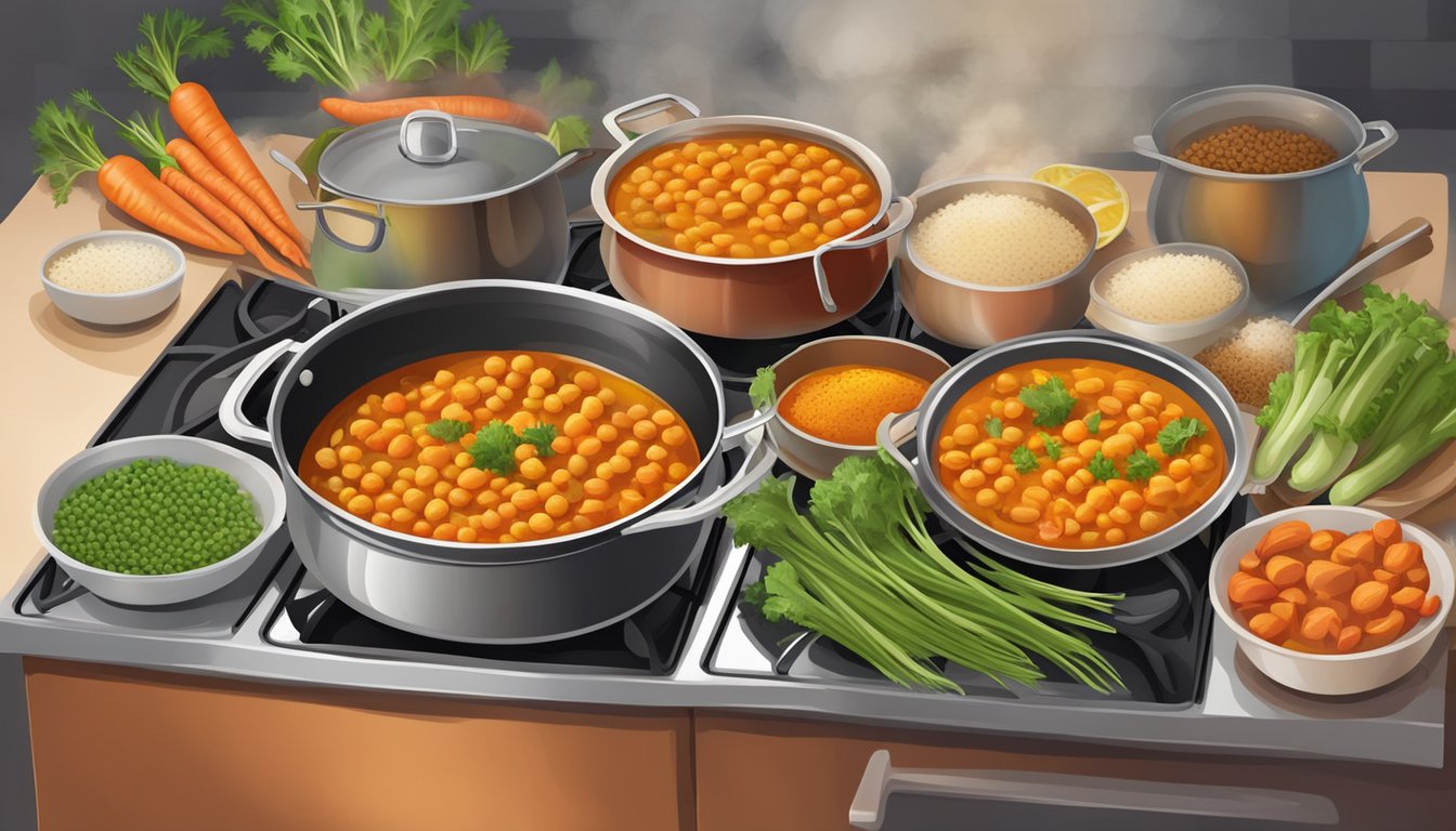 A colorful pot of carrot and chickpea curry simmers on a stove, surrounded by vibrant spices and fresh vegetables