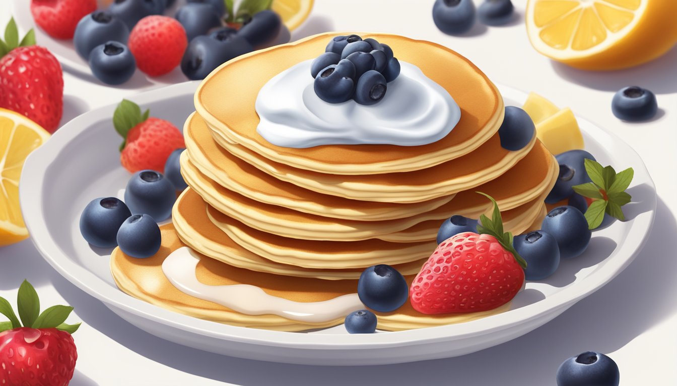 A dollop of Greek yogurt topped with fresh berries sits on a stack of golden pancakes, surrounded by a scattering of additional fruit