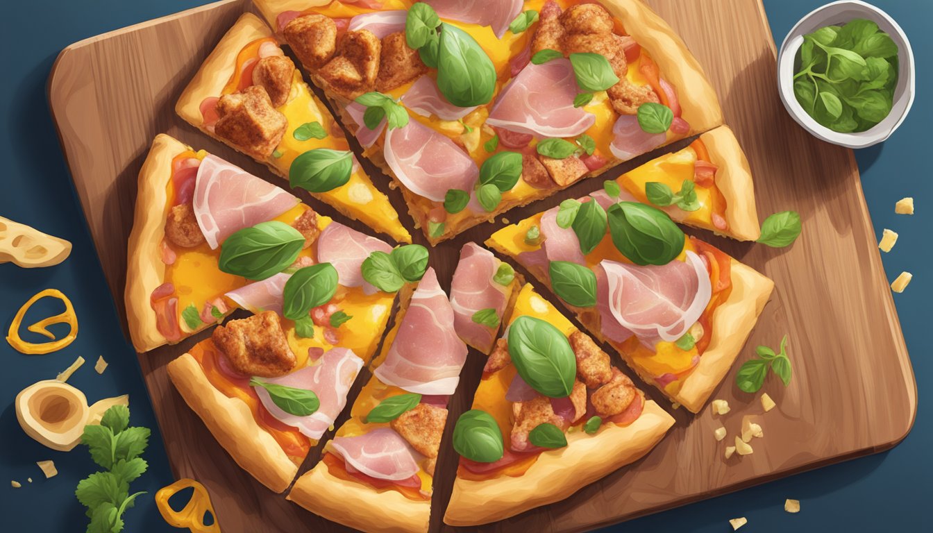 A colorful pizza topped with vegan chicken, vegan cheese, and vegan ham, with a golden, crispy crust, sits on a wooden cutting board