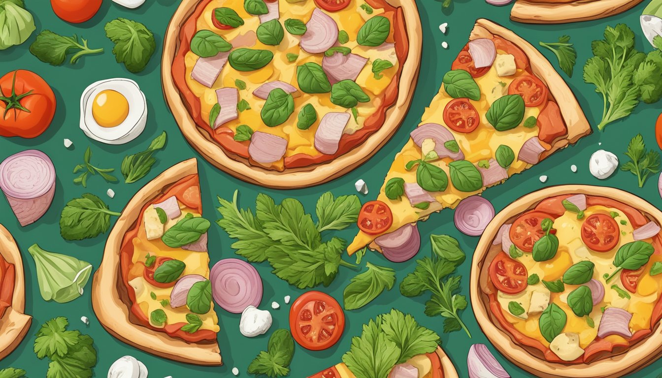 A colorful pizza topped with vegan cheese, plant-based chicken, and vegan ham, surrounded by fresh herbs and vegetables