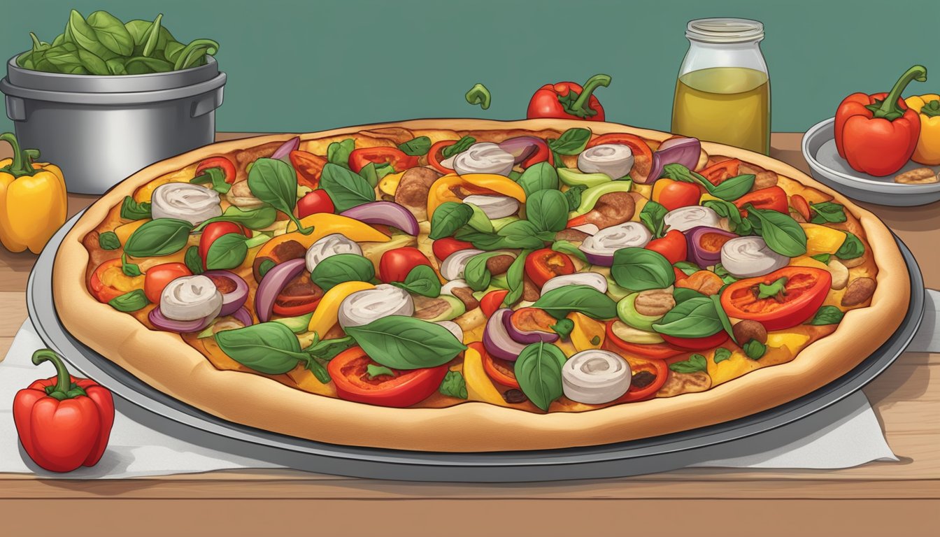 Colorful roasted bell peppers, sliced and arranged on a freshly baked pizza, surrounded by other healthy toppings like spinach, tomatoes, and lean turkey sausage