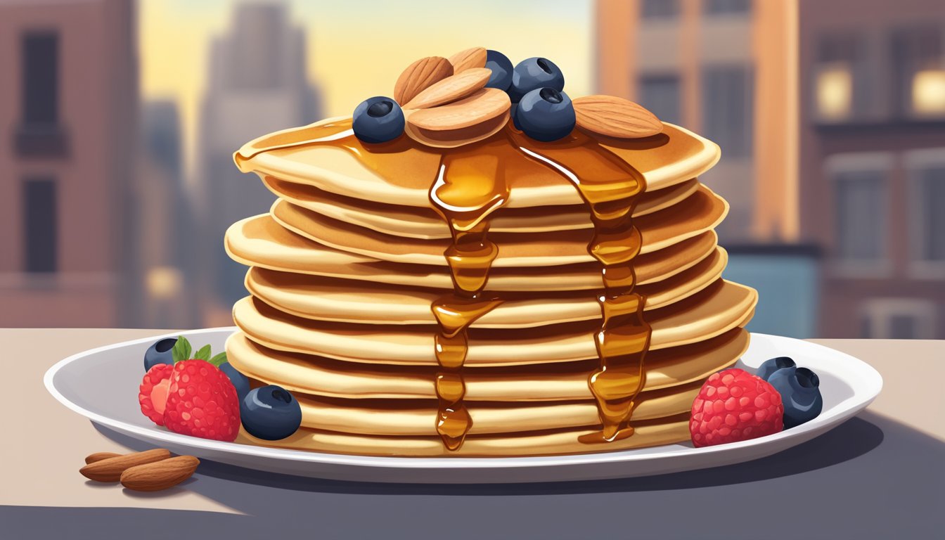 A stack of golden pancakes topped with stevia-sweetened maple syrup, fresh berries, sliced almonds, and a sprinkle of cinnamon