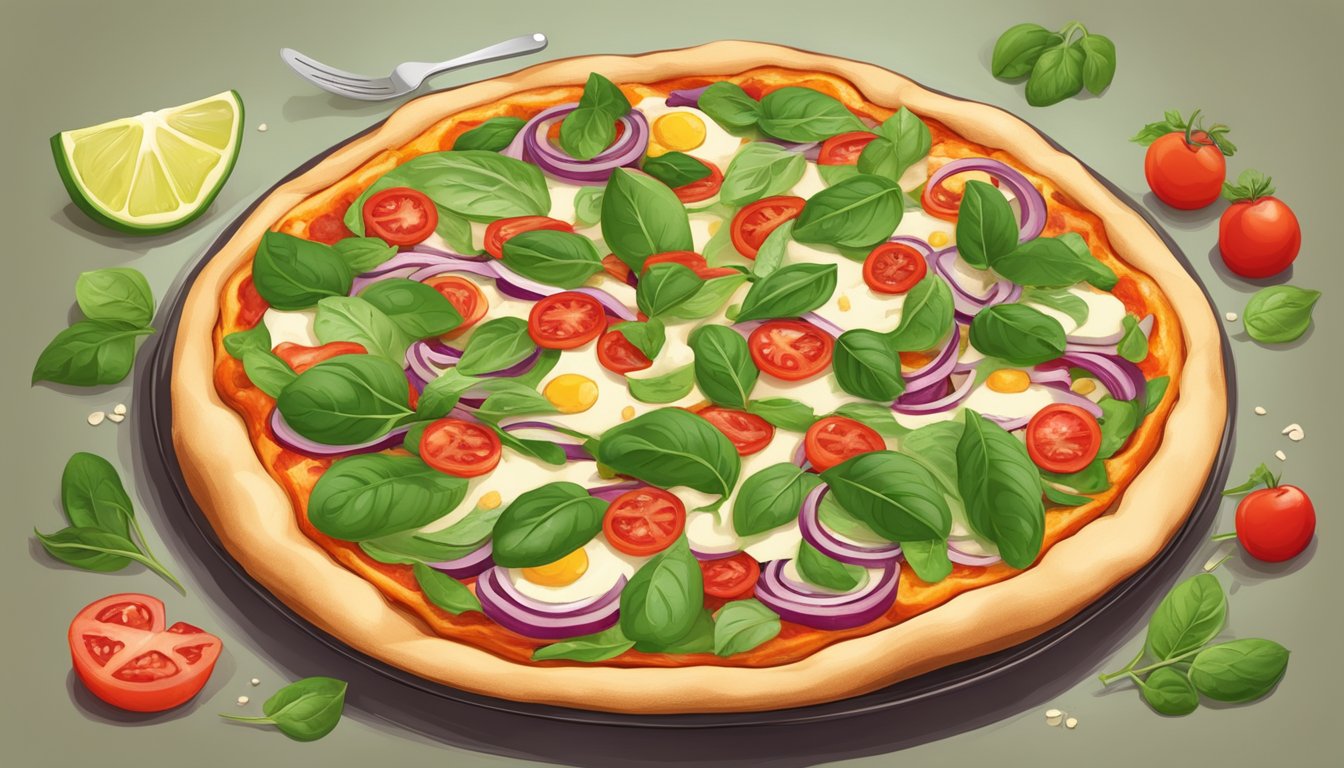 A colorful pizza with a thin crust topped with vibrant green fresh spinach leaves, along with other healthy and diabetes-friendly toppings