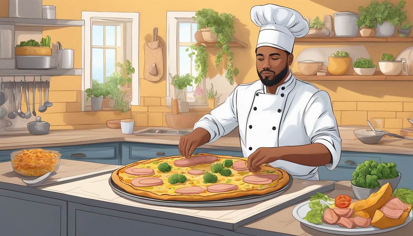 A chef prepares a vegan cordon bleu pizza, layering plant-based chicken, dairy-free cheese, and vegan ham on a golden crust