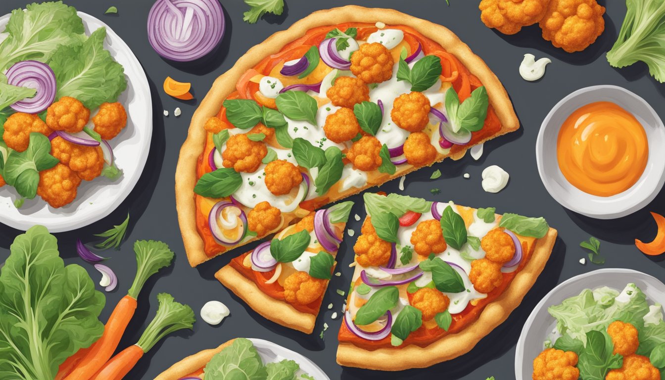 A colorful vegan pizza with buffalo cauliflower, dairy-free ranch, and fresh vegetables on a crispy, golden crust