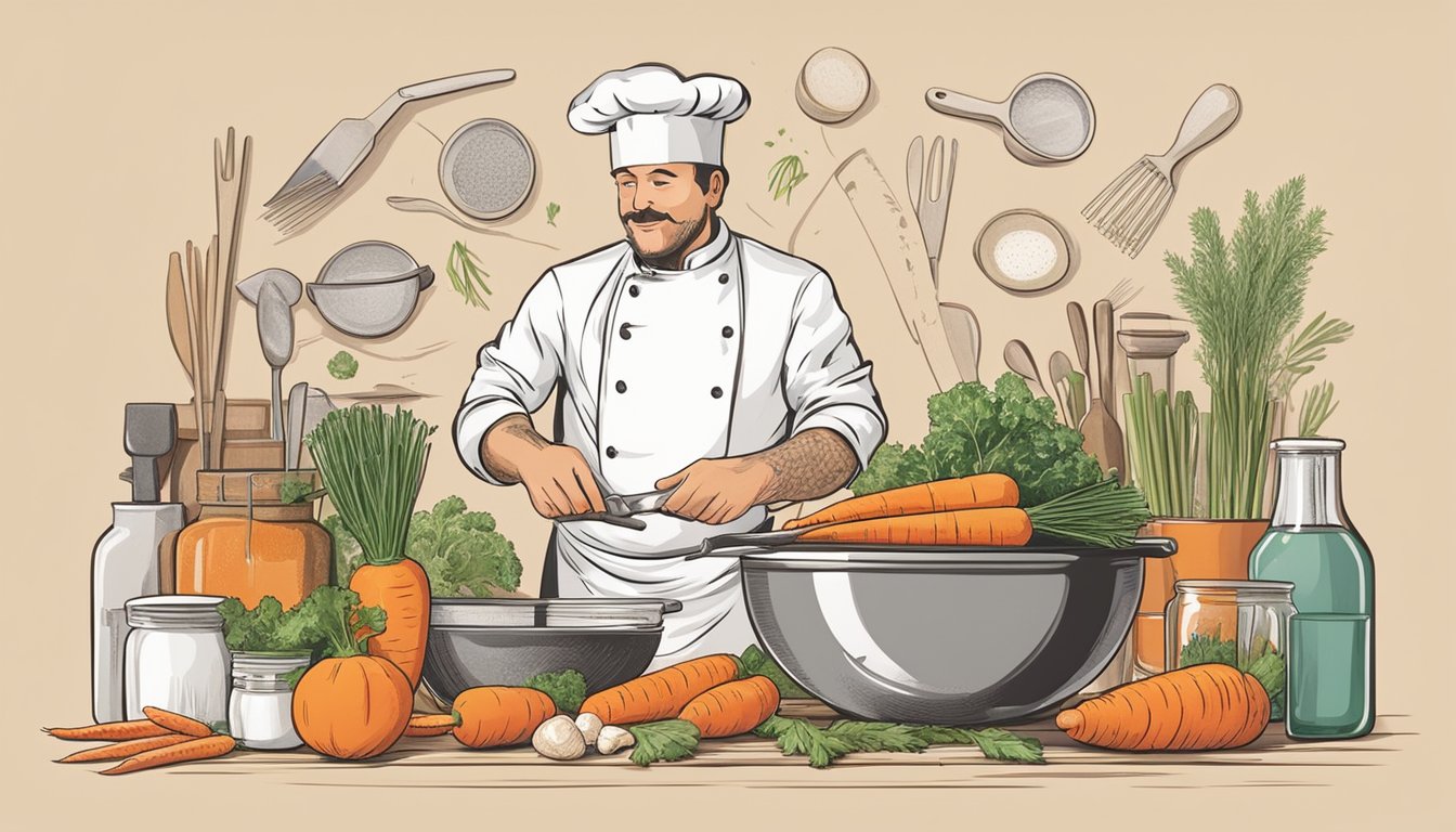 A chef expertly grating carrots into a bowl, surrounded by various cooking utensils and fresh ingredients