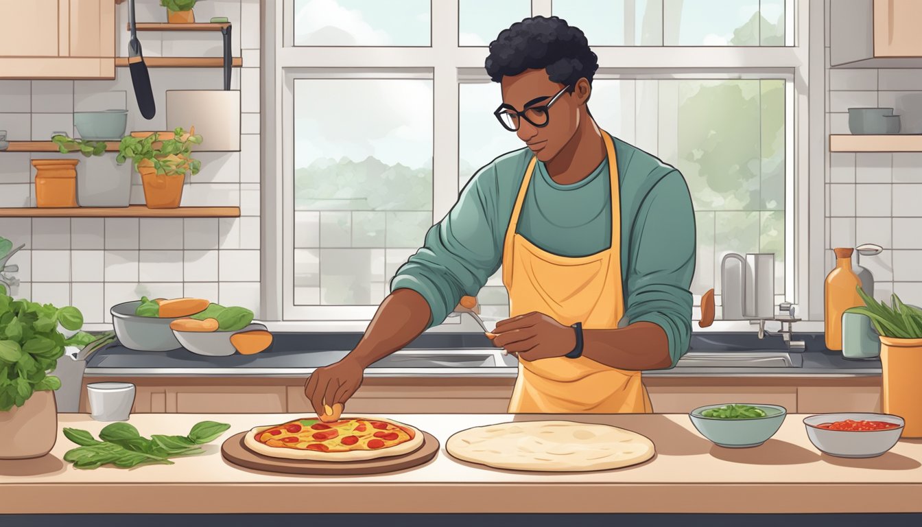 A person preparing vegan pizza dough and sauce with fresh ingredients on a clean kitchen counter