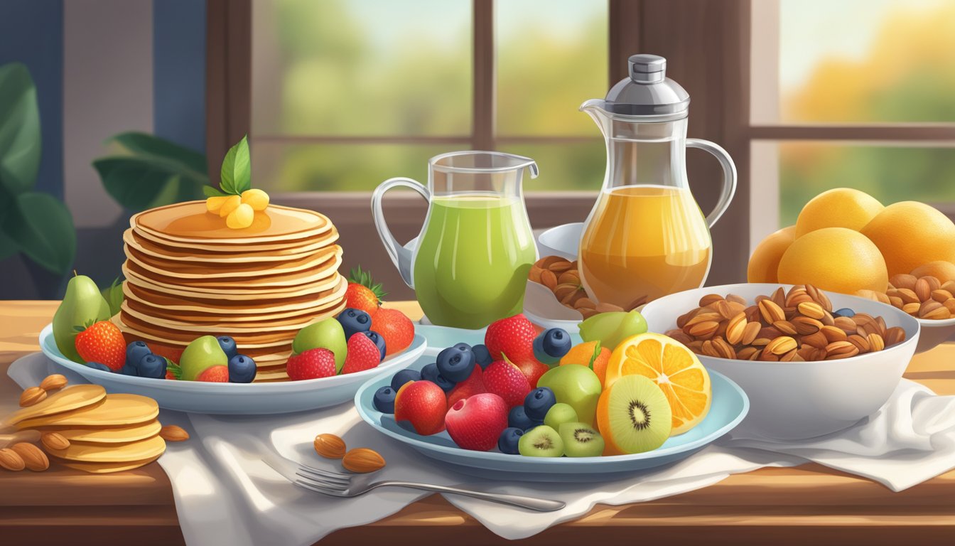 A table set with a variety of fresh fruits, nuts, and sugar-free syrups next to a stack of golden, fluffy pancakes