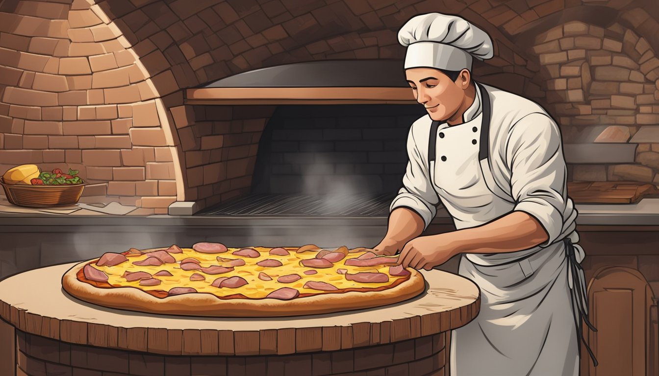 A chef assembles chicken, ham, and cheese on pizza dough, then bakes it in a wood-fired oven