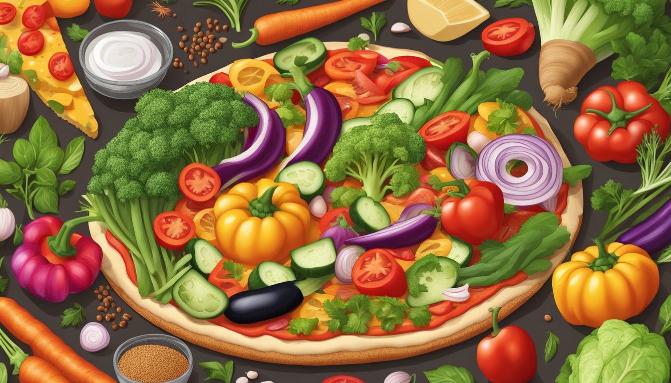 A colorful array of fresh vegetables and lean proteins arranged on a whole wheat pizza crust, with a variety of herbs and spices scattered around