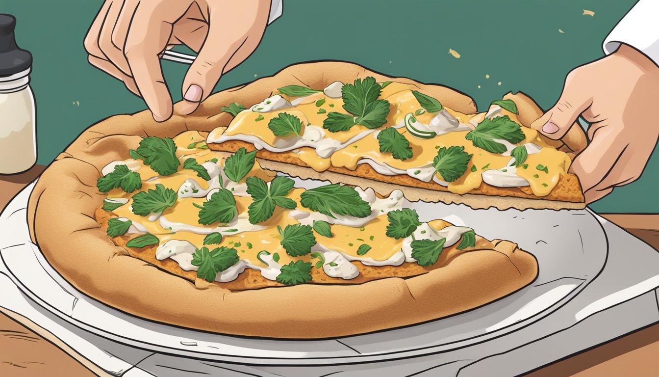 A chef places slices of vegan chicken cordon bleu onto a golden-brown pizza crust, adding a sprinkle of dairy-free cheese and fresh herbs before serving