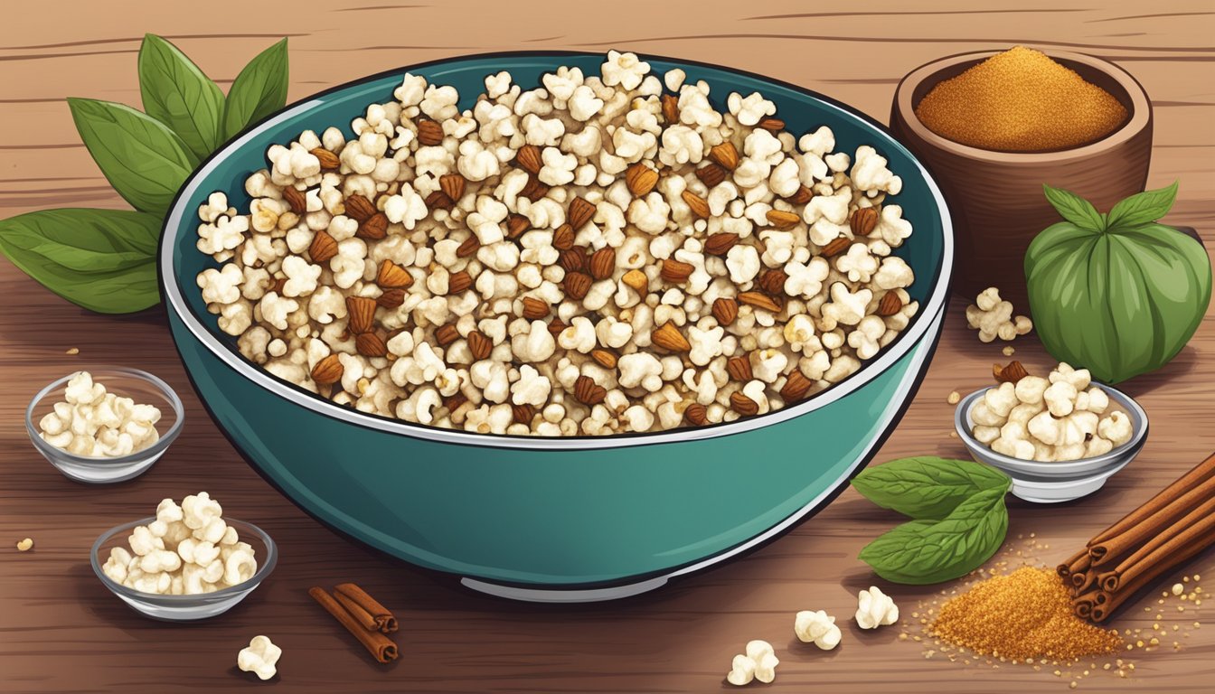 Cinnamon and stevia are sprinkled onto a bowl of popcorn, alongside two other healthy seasonings