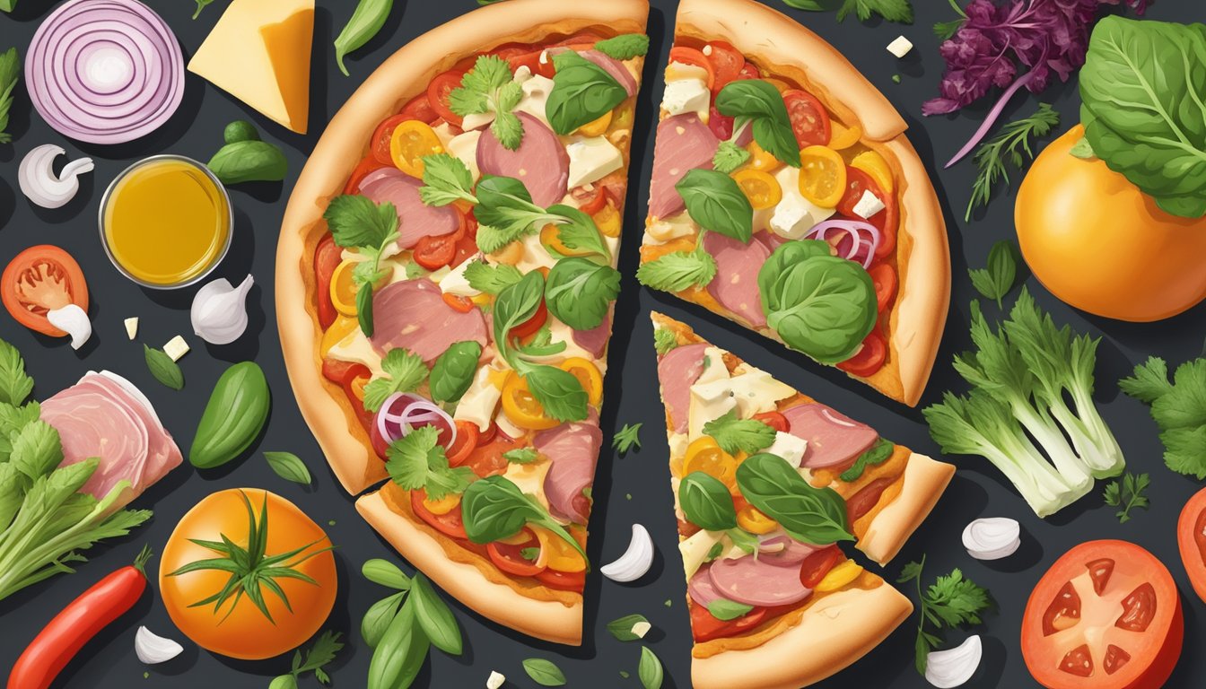 A colorful pizza topped with vegan chicken, plant-based cheese, and vegan ham, surrounded by fresh vegetables and herbs