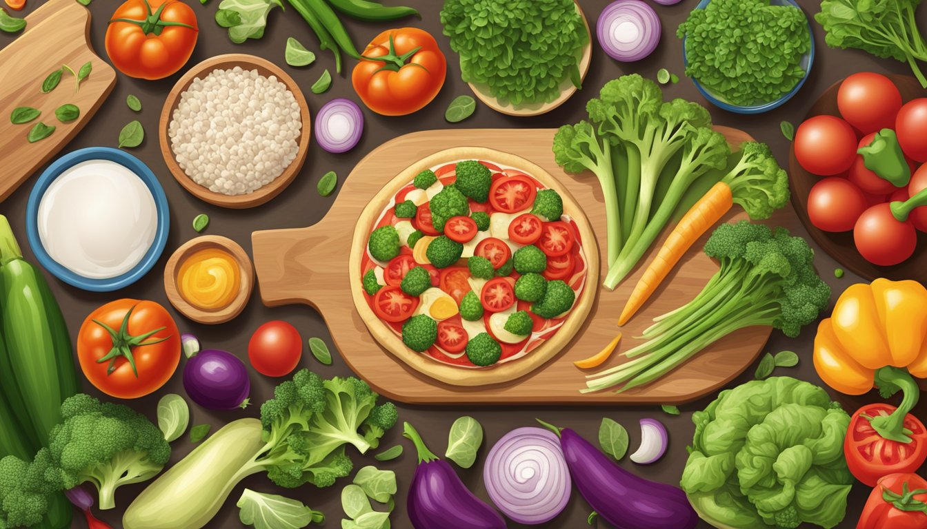 A colorful array of fresh vegetables and lean proteins arranged on a wooden cutting board, ready to be used as toppings for a diabetes-friendly pizza