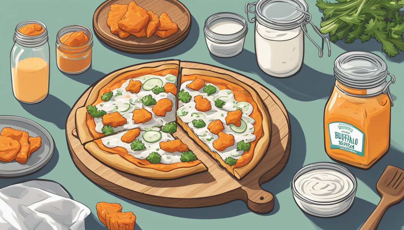 A slice of buffalo chicken ranch pizza being placed on a wooden cutting board next to a jar of vegan ranch dressing and a stack of plates