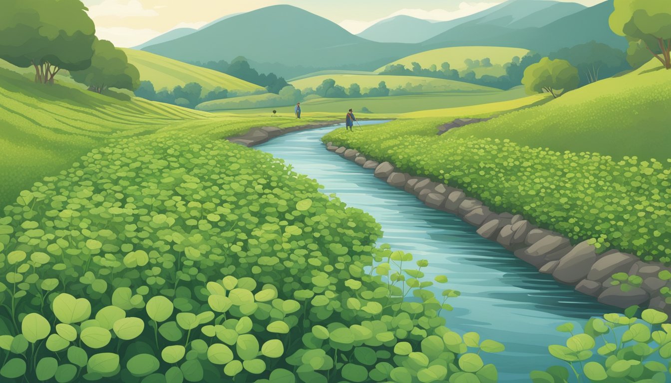 Wild watercress grows abundantly along a clear, flowing stream. Cultivated varieties are neatly arranged in rows nearby. A forager carefully collects the wild plants while a farmer tends to the cultivated ones