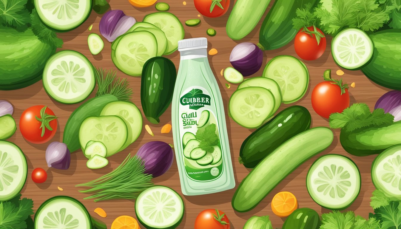 A bottle of cucumber dill dressing surrounded by fresh cucumbers, dill, and other colorful salad ingredients on a wooden cutting board