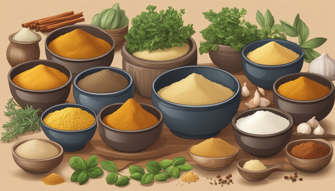 A variety of herbs and spices arranged neatly on a kitchen counter, with bowls of nutritional yeast, garlic powder, onion powder, and smoked paprika