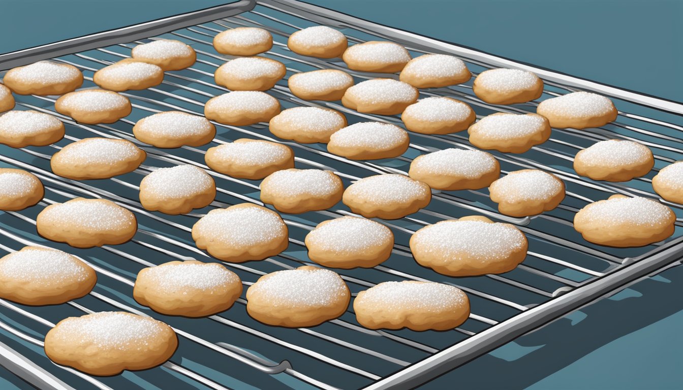 A tray of freshly baked spritz cookies cooling on a wire rack, with a sprinkle of powdered sugar on top