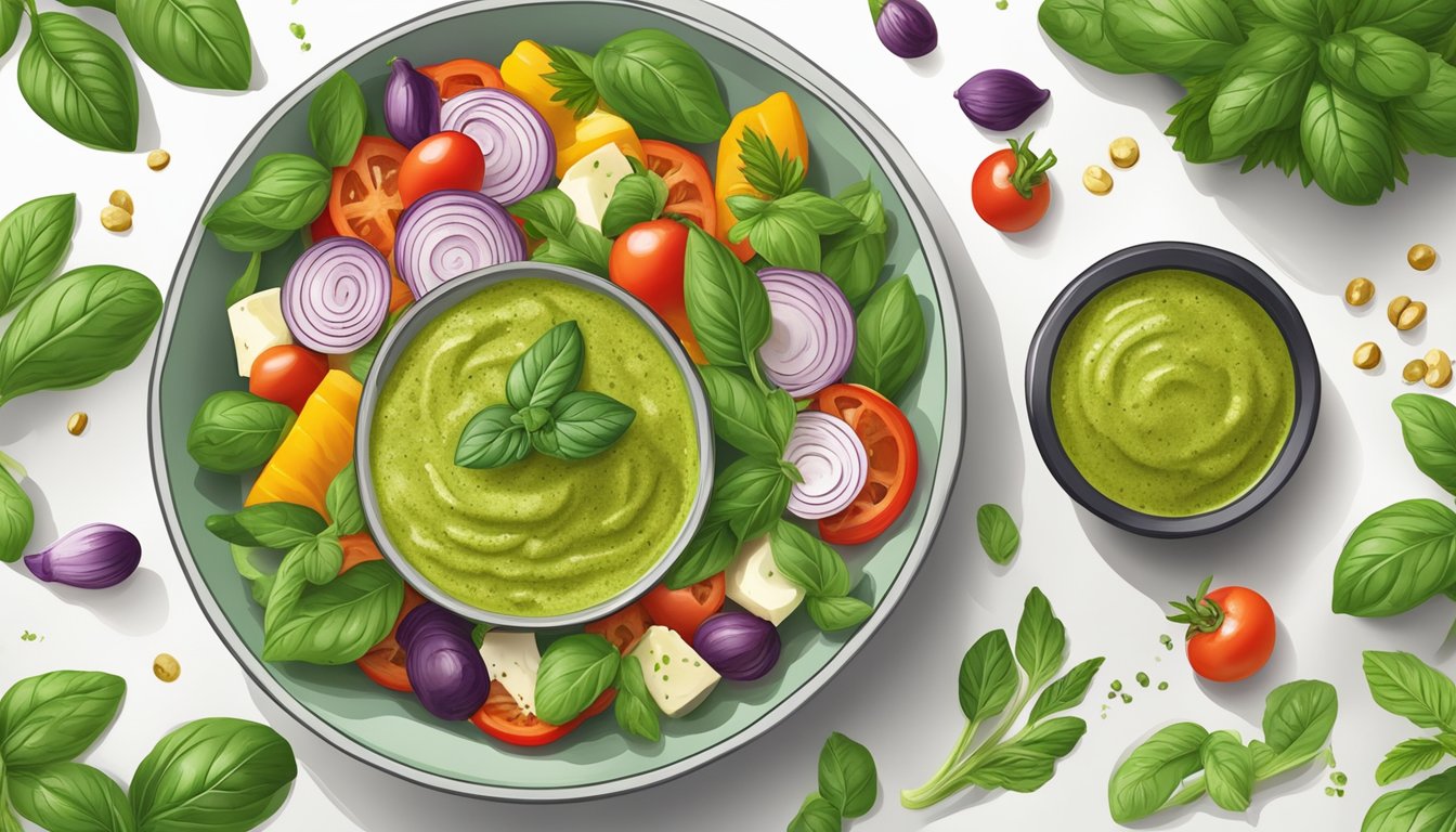 A small bowl of basil pesto dressing surrounded by colorful vegetables and herbs