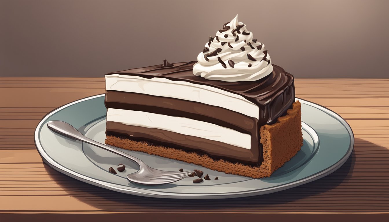 A slice of Mississippi Mud Pie on a rustic wooden table, with a rich chocolate filling, topped with whipped cream and chocolate shavings