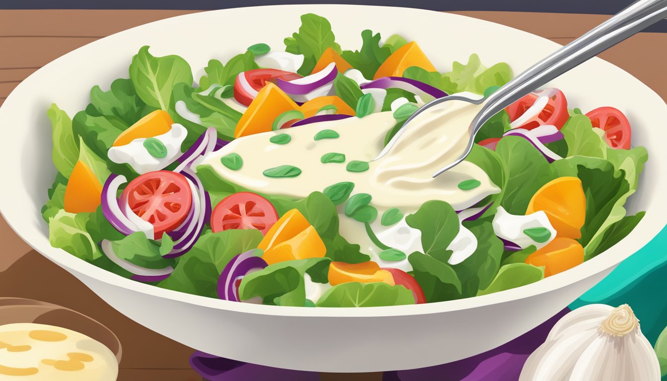 A small bowl of garlic yogurt dressing being drizzled over a colorful salad