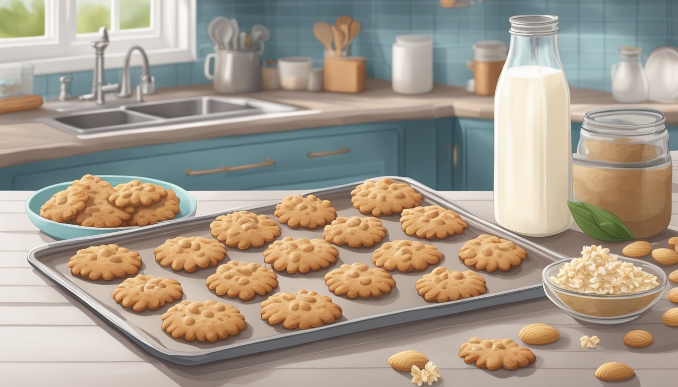 A kitchen counter with a tray of freshly baked spritz cookies, surrounded by ingredients like almond milk, flaxseed, and coconut oil