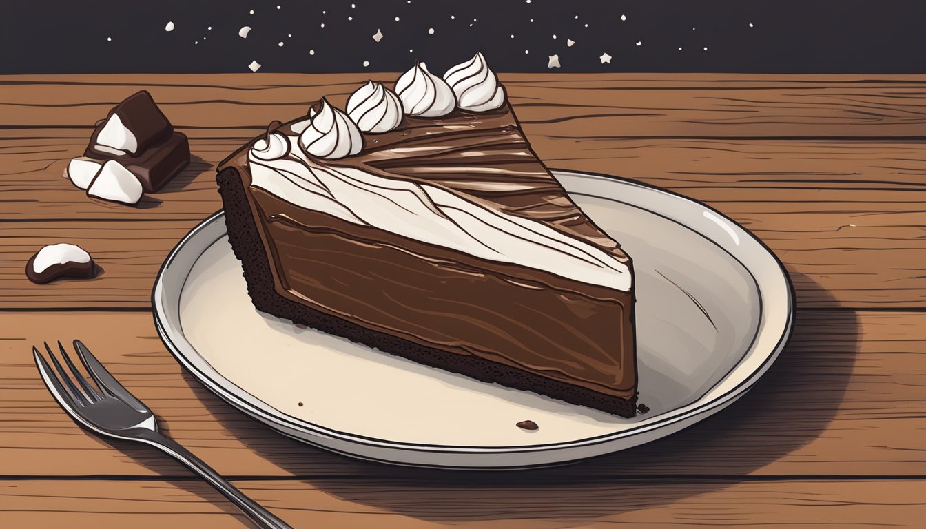 A decadent slice of Mississippi mud pie sits on a rustic wooden table, adorned with a dollop of coconut whipped cream and a sprinkle of cocoa powder