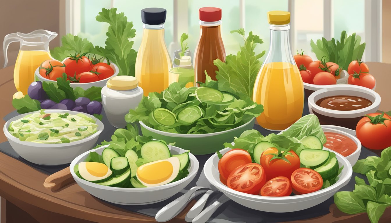 A colorful array of salad dressings arranged on a table, surrounded by fresh ingredients like leafy greens, tomatoes, and cucumbers