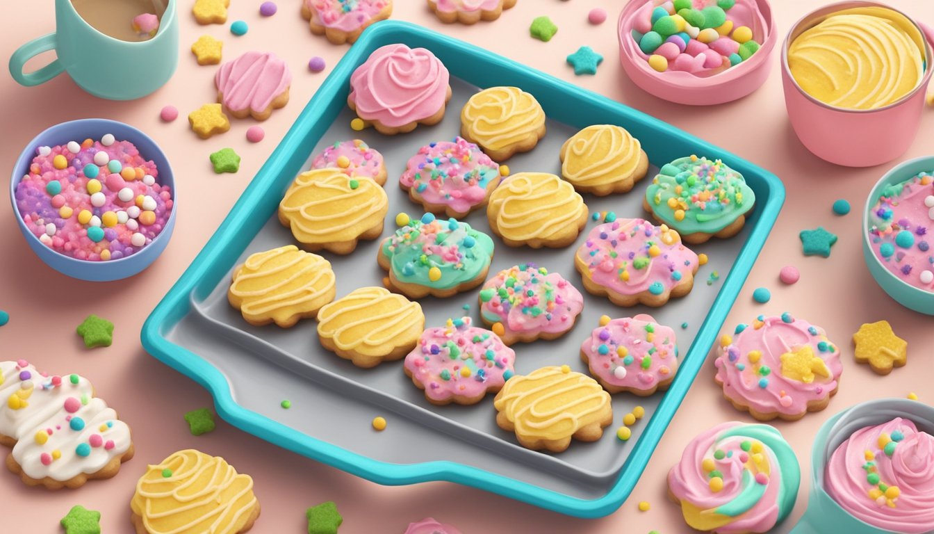 A tray of vegan spritz cookies being decorated with colorful icing and sprinkles