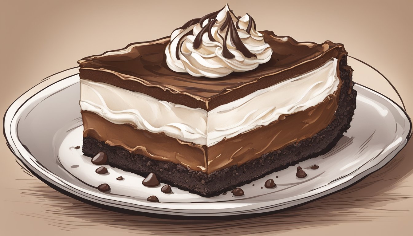 A decadent Mississippi mud pie with vegan ingredient alternatives, featuring a rich chocolate filling and a crumbly cookie crust, topped with a thick layer of dairy-free whipped cream