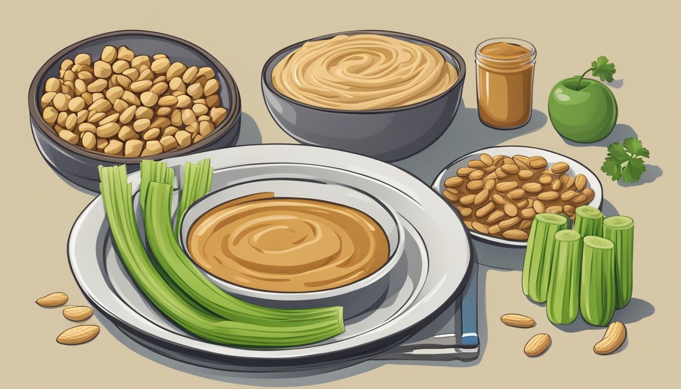 A plate with celery sticks spread with peanut butter, surrounded by other healthy snack options for diabetic kids