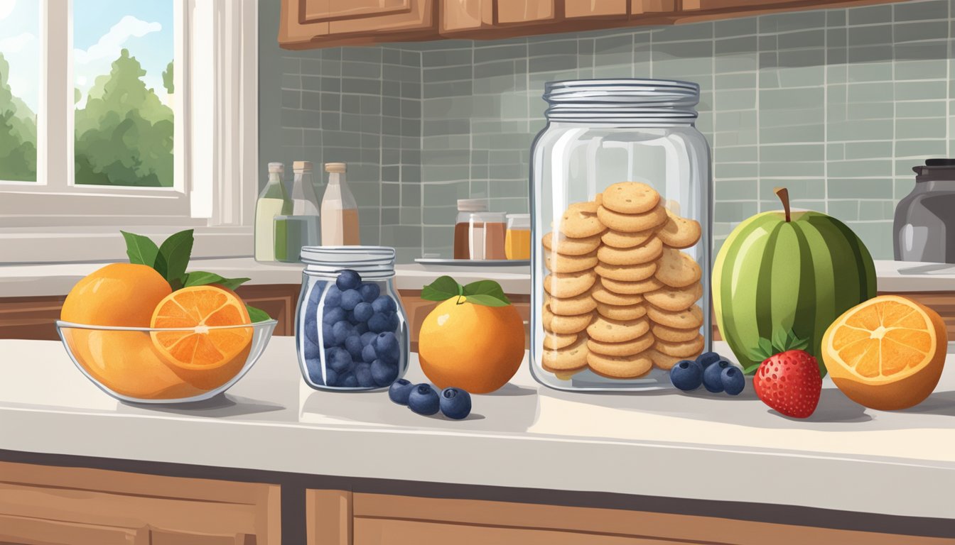 A kitchen counter with a glass jar filled with spritz cookies next to a bowl of fresh fruit