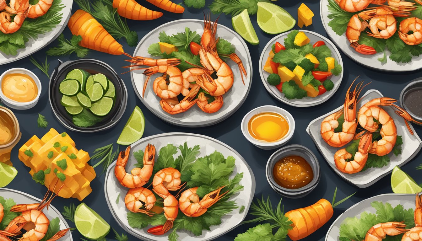 A platter of grilled shrimp with honey lime glaze, surrounded by colorful vegetables and sizzling on a hot grill