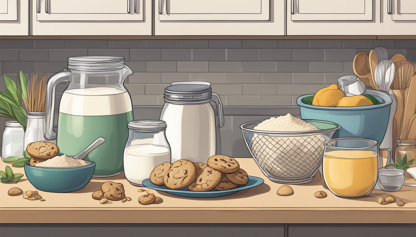 A kitchen counter with a mixing bowl, measuring cups, and various ingredients like flour, sugar, and plant-based milk. A recipe book open to a page titled "Perfect Vegan Cookie Recipe."