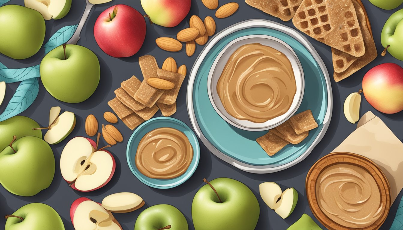 A plate of apple slices with a dollop of almond butter surrounded by other healthy snacks