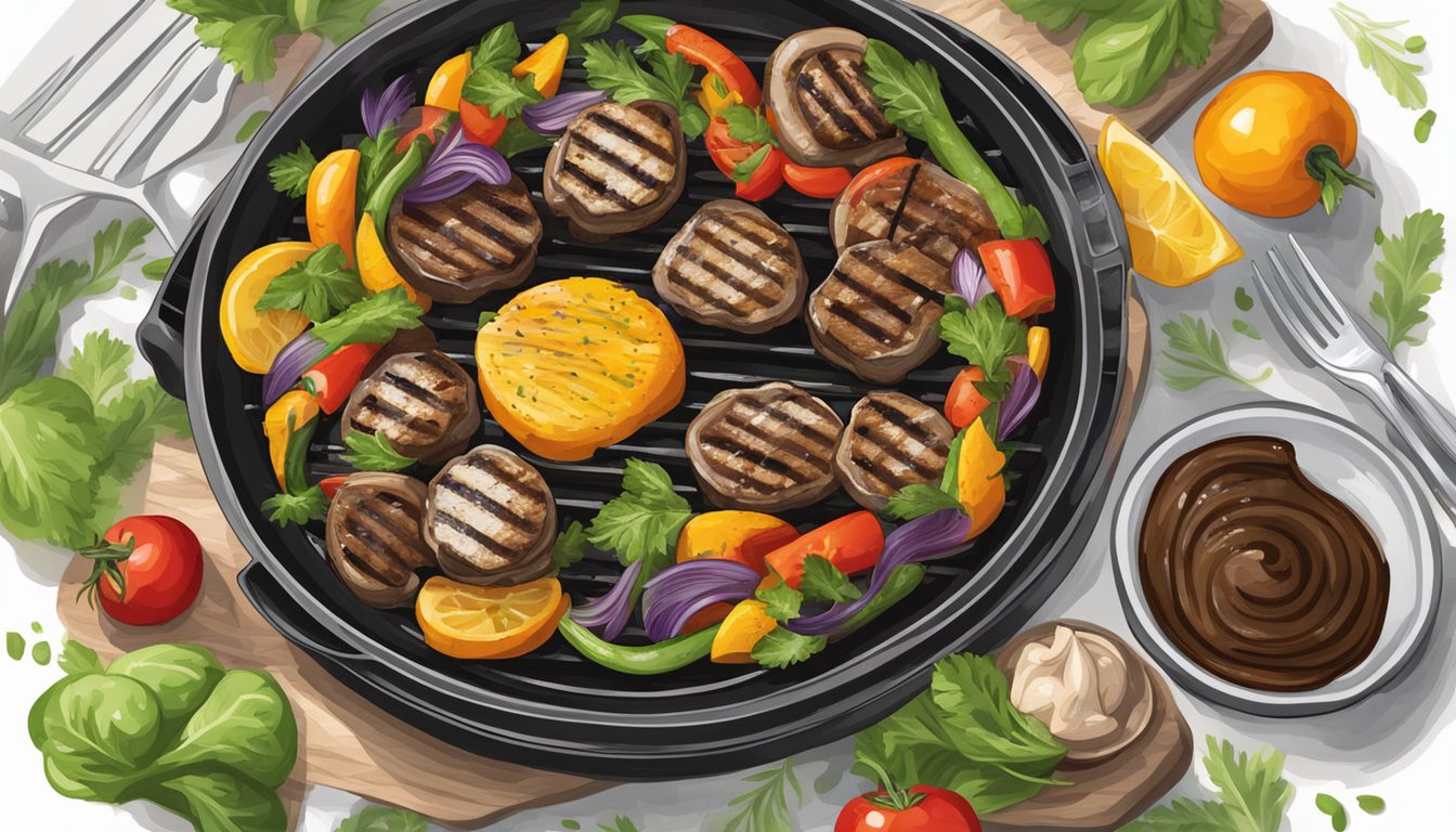 A sizzling grill with juicy portobello mushrooms, drizzled with balsamic glaze, surrounded by vibrant summer vegetables