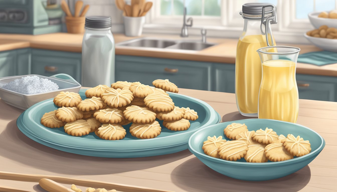 A kitchen counter with a tray of vegan spritz cookies, a piping bag, and a bowl of dairy-free butter and sugar