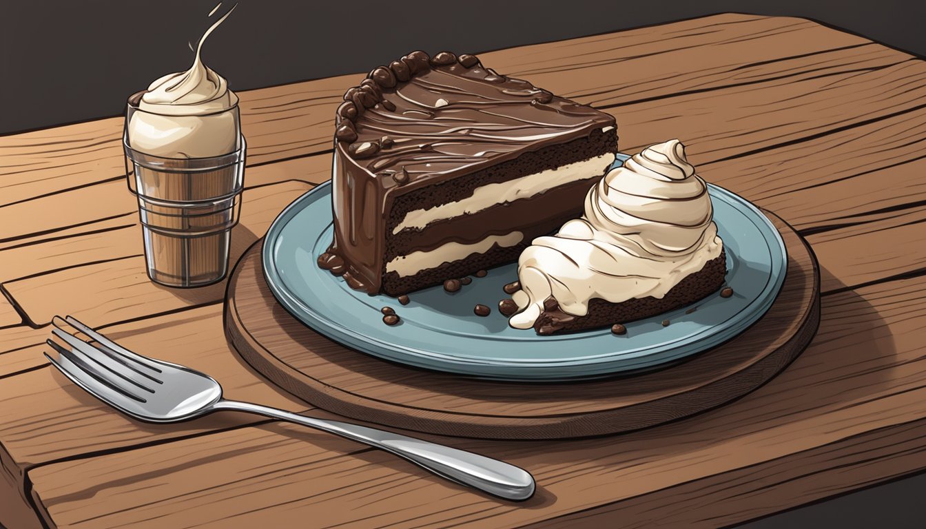 A slice of Mississippi mud pie being placed on a rustic wooden serving platter next to a scoop of vegan vanilla ice cream