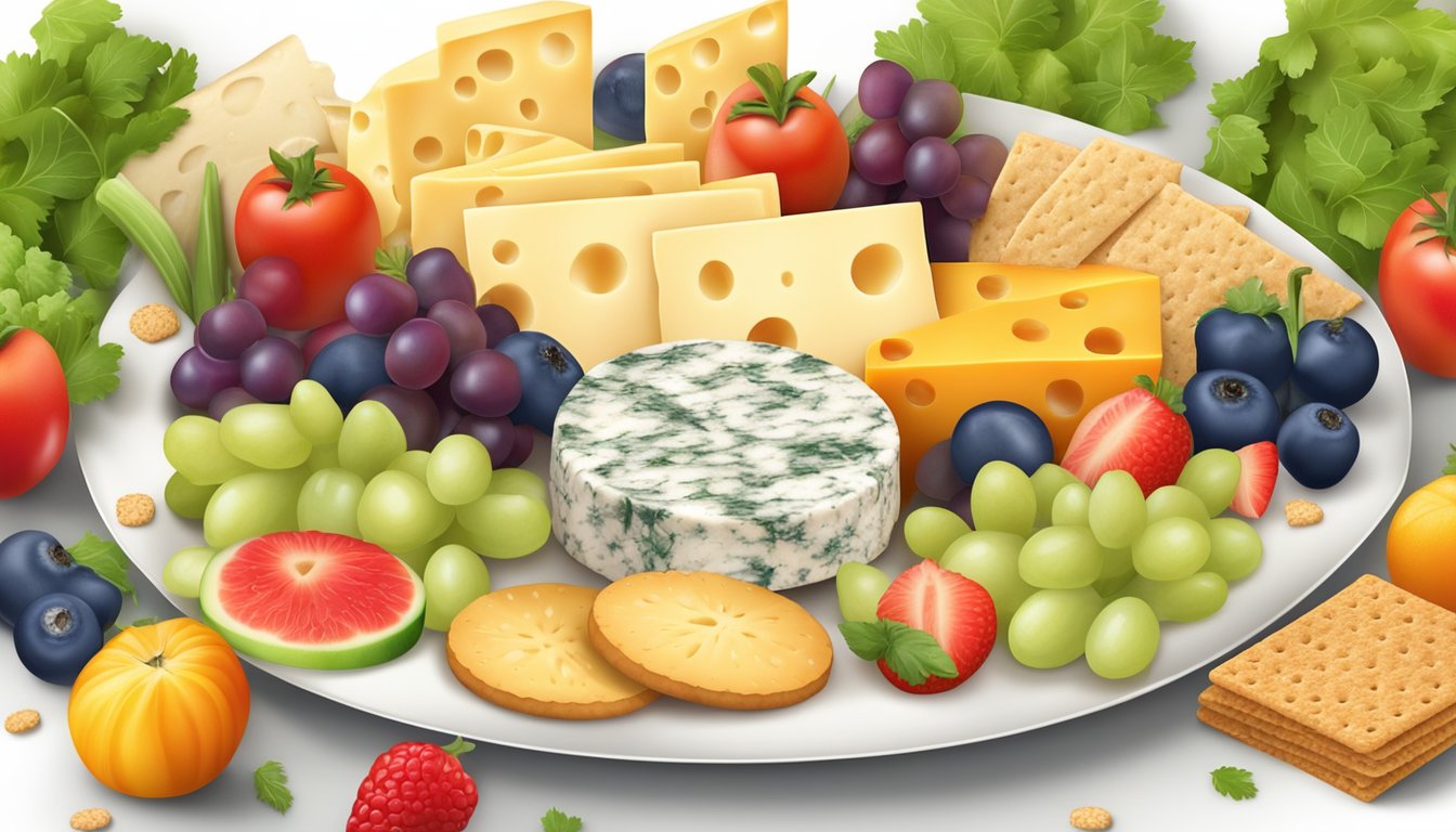 A colorful array of cheese and whole grain crackers arranged on a plate, surrounded by fresh fruits and vegetables