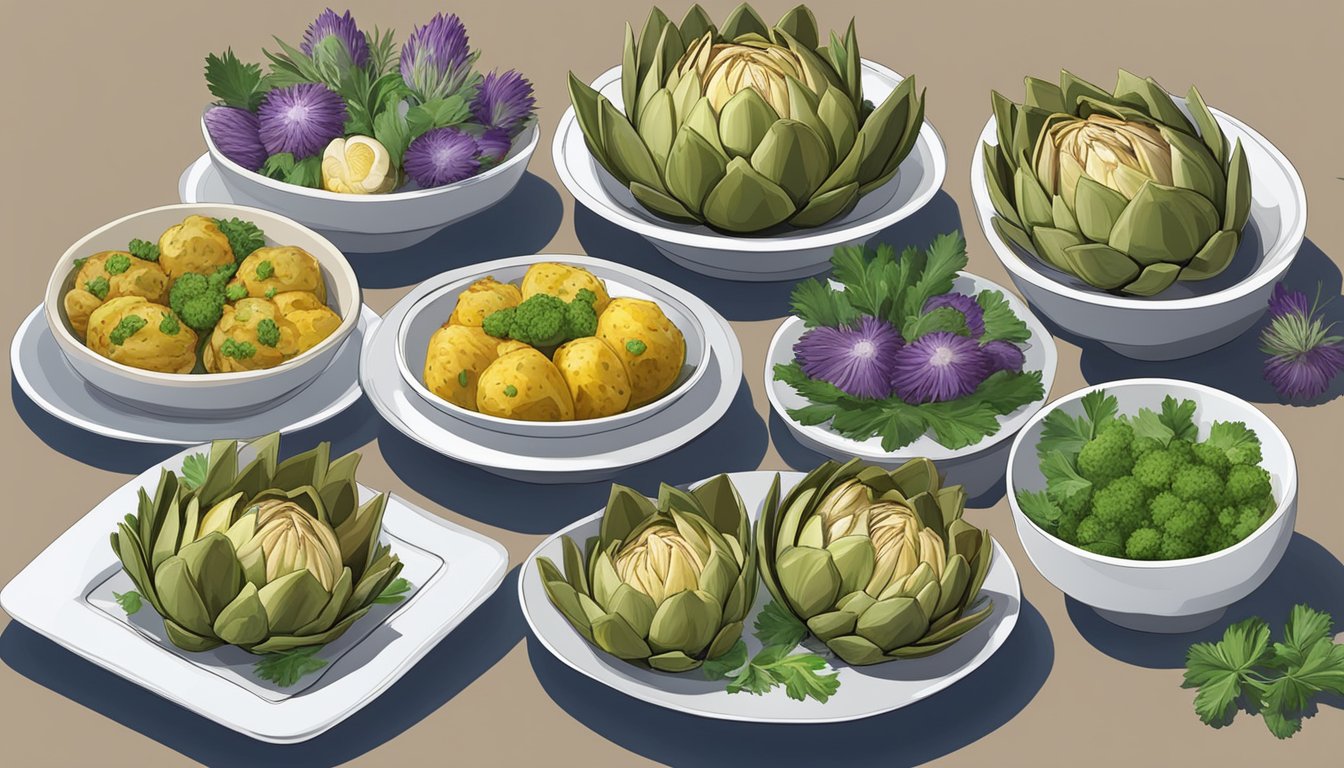 A table set with five different dishes of stuffed artichokes, each garnished with garlic and herbs, showcasing the various delicious ways to cook with artichokes