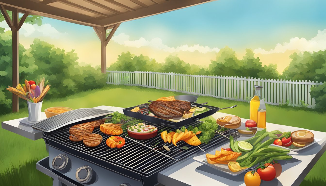 A backyard grill with various healthy foods sizzling over the flames, surrounded by summer greenery and a clear blue sky