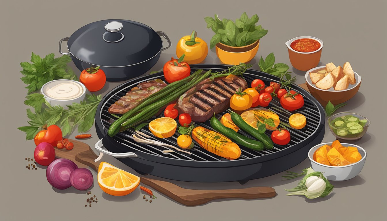 A table set with grilled vegetables, fruits, and meats, surrounded by seasonal herbs and spices. A grill is sizzling in the background