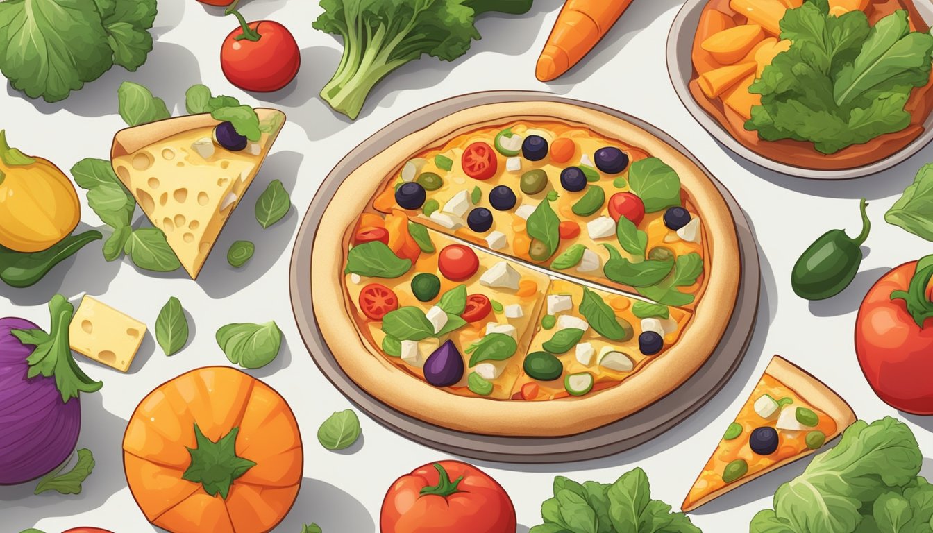 A colorful array of fresh vegetables and plant-based cheese fill a golden-brown pizza cone, displayed on a clean, modern countertop