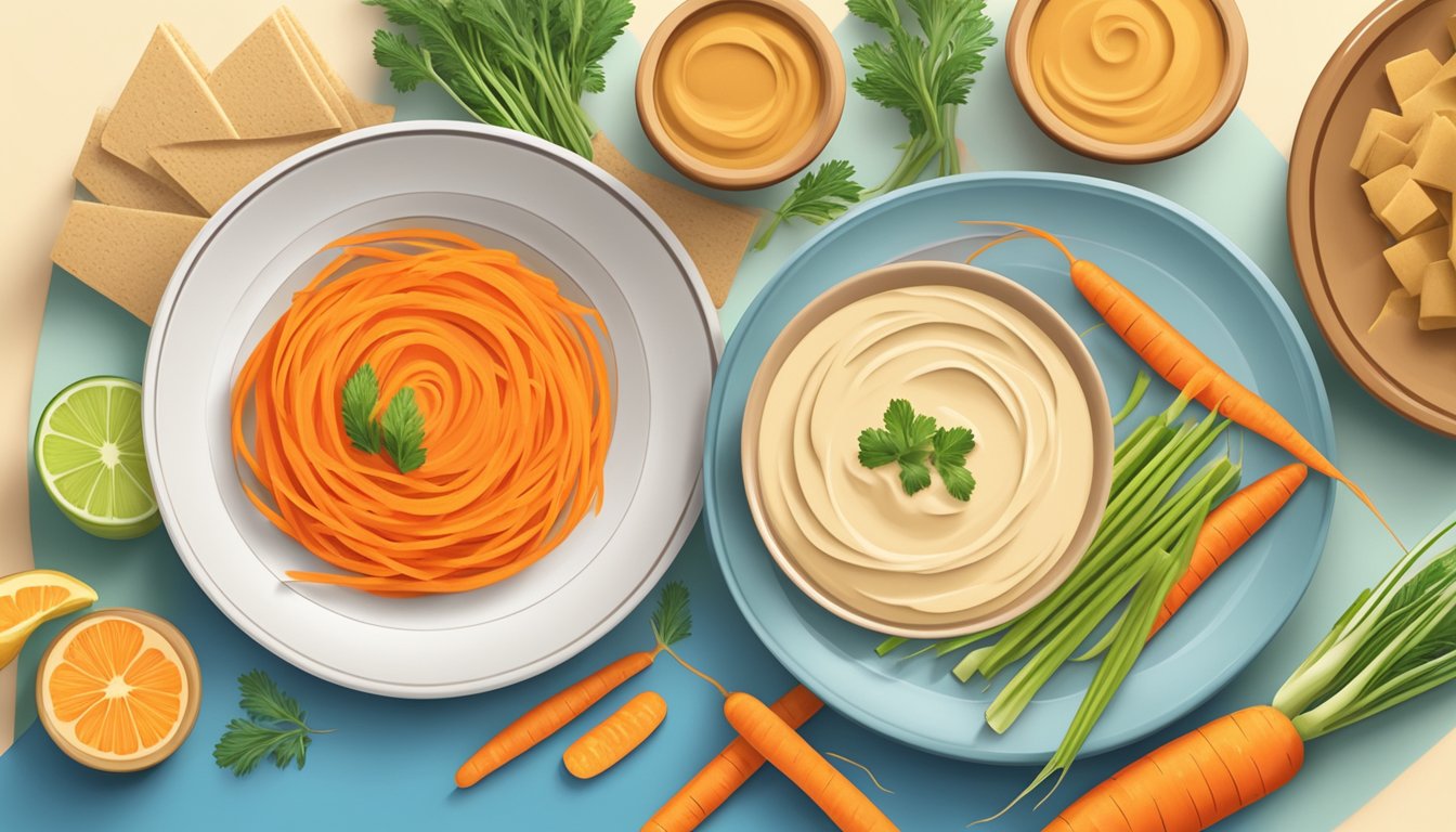 A plate of carrot sticks surrounded by a bowl of hummus, with a colorful background of fruits and vegetables