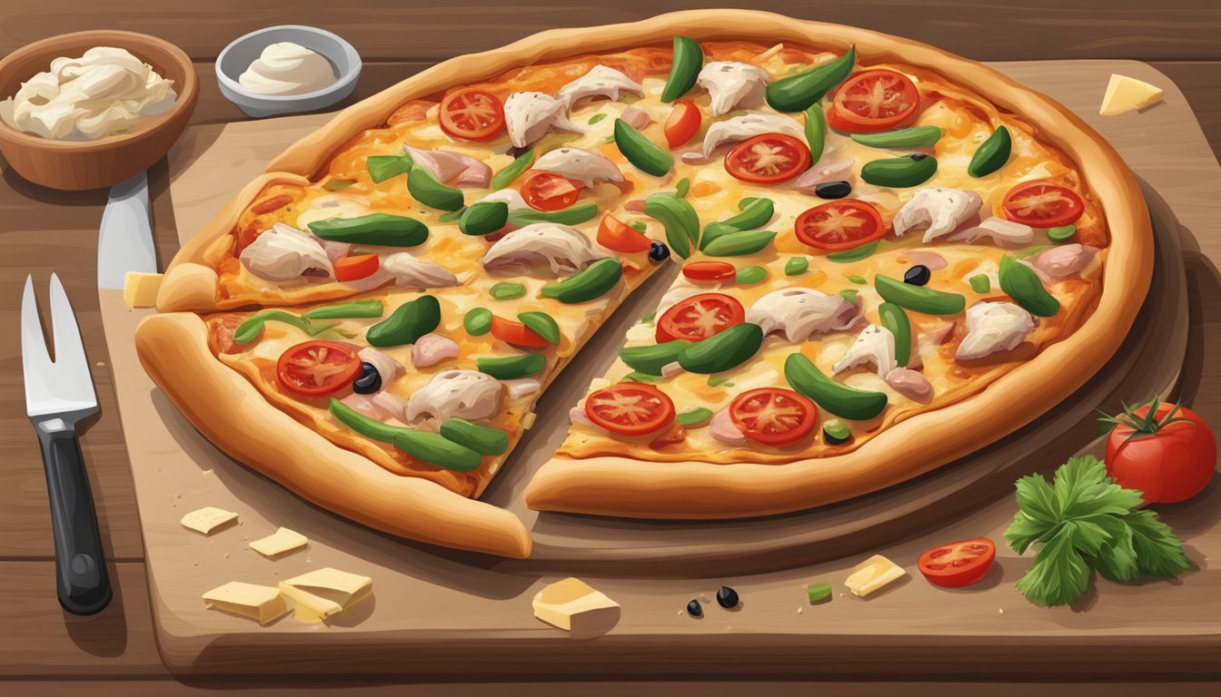 A pizza topped with chicken, vegetables, and cheese on a wooden board