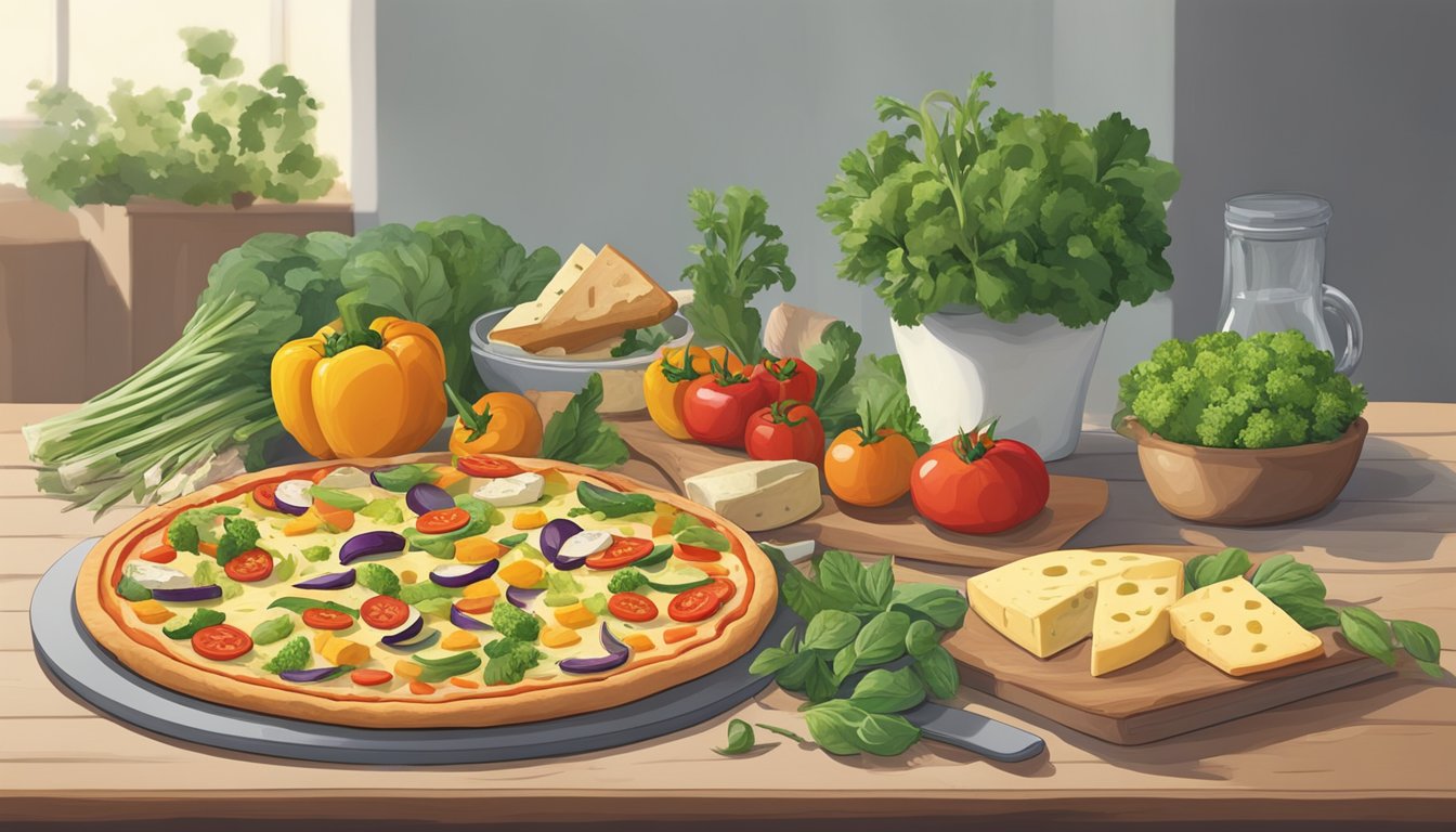 A table set with a colorful array of fresh vegetables, herbs, and plant-based cheeses, alongside a freshly baked French bread pizza