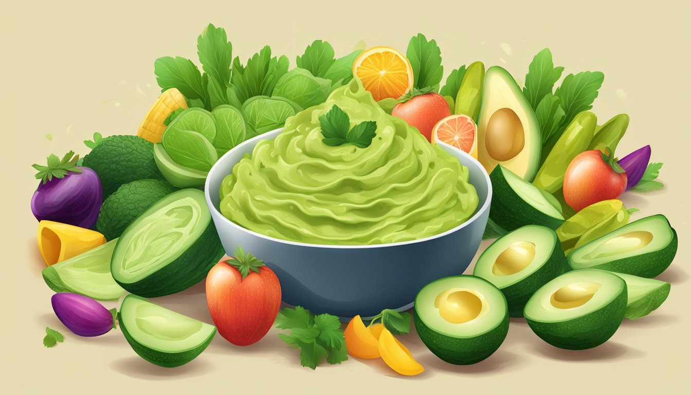 Fresh cucumber slices arranged around a bowl of creamy guacamole, surrounded by colorful fruits and vegetables